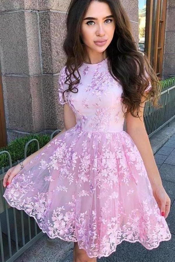 A Line Short Sleeve Lace Short Prom Dress Short Homecoming Dress PD451 by pgmdress