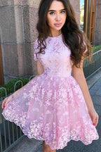 A Line Short Sleeve Lace Short Prom Dress Short Homecoming Dress PD451 by pgmdress