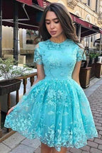 A Line Short Sleeve Lace Short Prom Dress Short Homecoming Dress PD451 by pgmdress