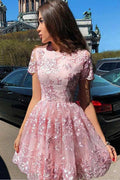 A Line Short Sleeve Lace Short Prom Dress Short Homecoming Dress PD451 by pgmdress