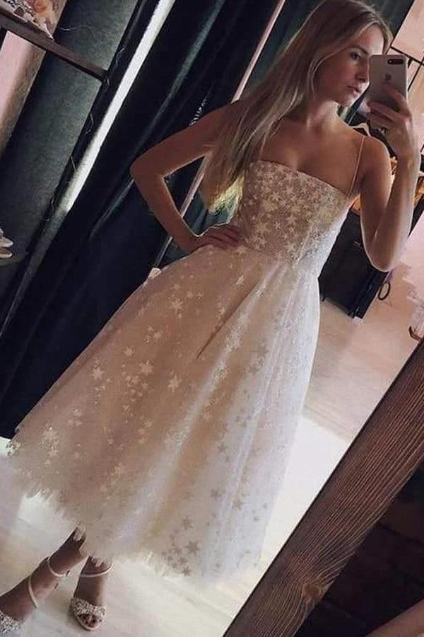 A Line Spaghetti Strap Tea Length Pearl Pink Homecoming Dress With Beading PD349 by pgmdress