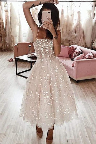 A Line Spaghetti Strap Tea Length Pearl Pink Homecoming Dress With Beading PD349