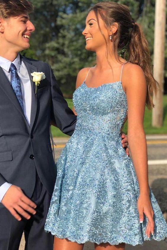 A Line Spaghetti Straps Cross Back Blue Lace Short Prom Dresses PD259 Hover Image