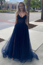 A Line Spaghetti Straps Hot Pink Long Tulle Prom Dress PSK458 by pgmdress