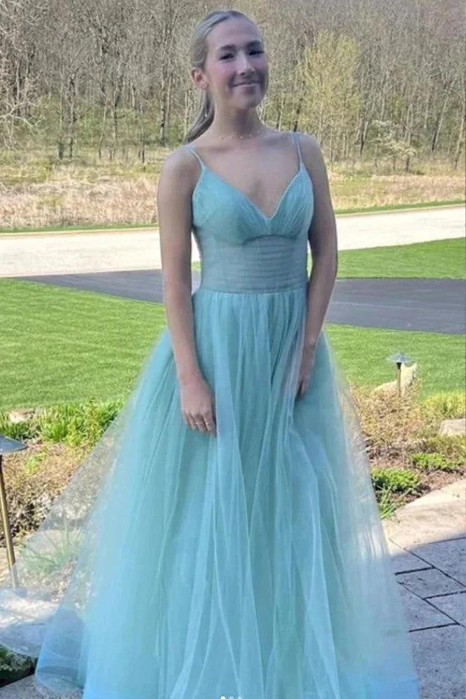 A Line Spaghetti Straps Hot Pink Long Tulle Prom Dress PSK458 by pgmdress