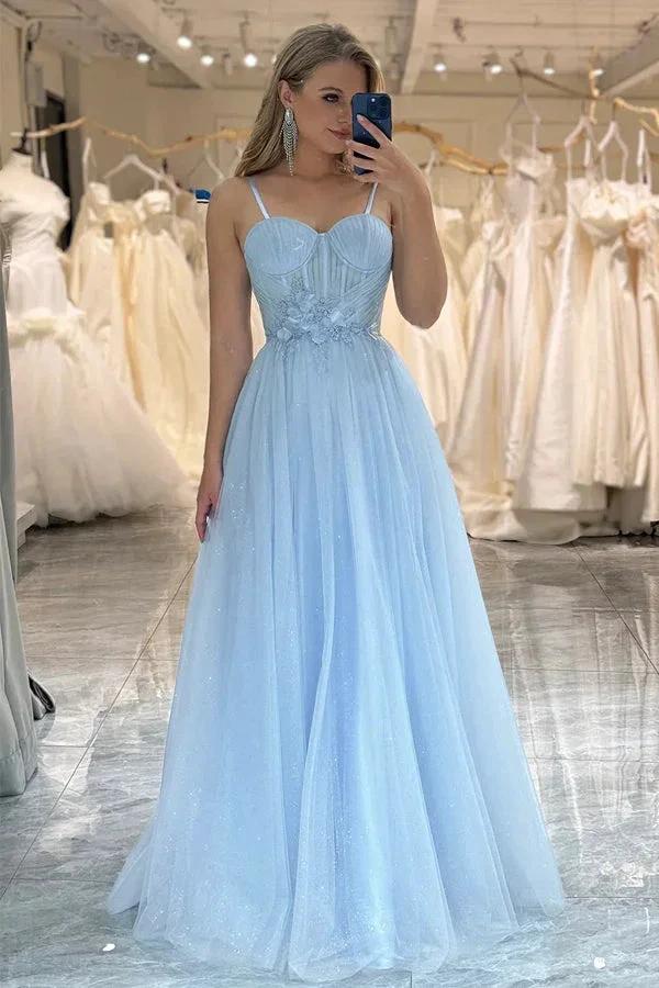 A Line Spaghetti Straps Tulle Blue Sparkly Prom Dress PSK473 by pgmdress