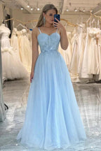 A Line Spaghetti Straps Tulle Blue Sparkly Prom Dress PSK473 by pgmdress