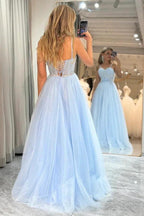 A Line Spaghetti Straps Tulle Blue Sparkly Prom Dress PSK473 by pgmdress