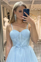 A Line Spaghetti Straps Tulle Blue Sparkly Prom Dress PSK473 by pgmdress