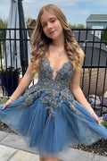 A Line Spaghetti Straps Tulle Short Grey Blue Homecoming Dress PD527 by pgmdress