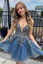 A Line Spaghetti Straps Tulle Short Grey Blue Homecoming Dress PD527 by pgmdress