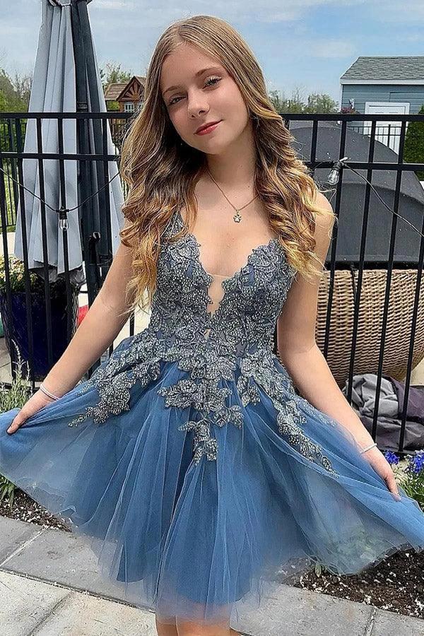 A Line Spaghetti Straps Tulle Short Grey Blue Homecoming Dress PD527 by pgmdress