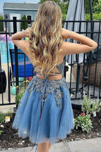 A Line Spaghetti Straps Tulle Short Grey Blue Homecoming Dress PD527 by pgmdress