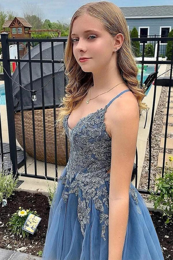 A Line Spaghetti Straps Tulle Short Grey Blue Homecoming Dress PD527 by pgmdress