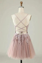 A Line Spaghetti Straps Tulle Short Grey Blue Homecoming Dress PD527 by pgmdress