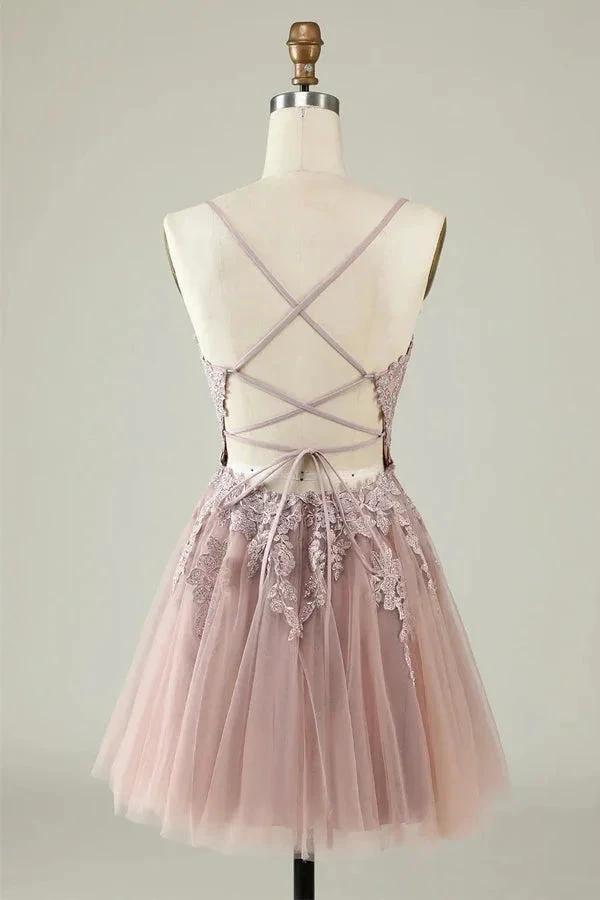 A Line Spaghetti Straps Tulle Short Grey Blue Homecoming Dress PD527 by pgmdress