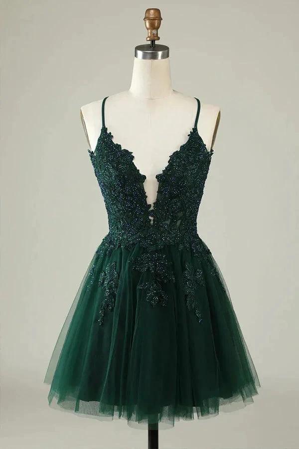 A Line Spaghetti Straps Tulle Short Grey Blue Homecoming Dress PD527 by pgmdress