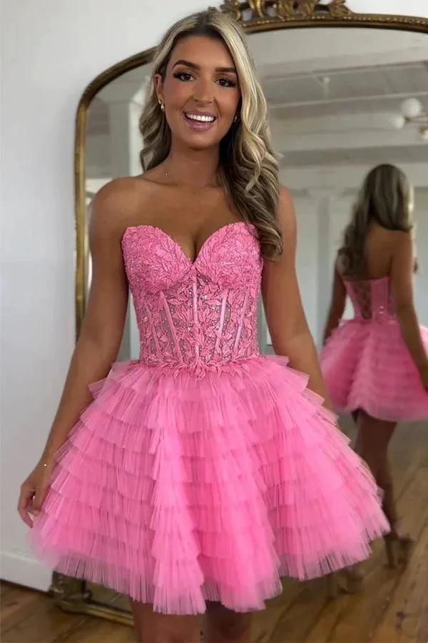 A Line Strapless Tulle Pink Homecoming Dress With Beading PD572 by pgmdress