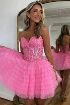 A Line Strapless Tulle Pink Homecoming Dress With Beading PD572 by pgmdress
