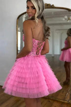 A Line Strapless Tulle Pink Homecoming Dress With Beading PD572 by pgmdress