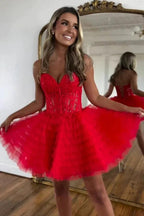 A Line Strapless Tulle Pink Homecoming Dress With Beading PD572 by pgmdress