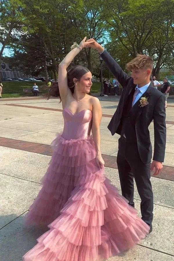 A Line Sweetheart Layered Tulle Rose Pink Long Prom Dress PSK600 by pgmdress