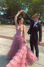 A Line Sweetheart Layered Tulle Rose Pink Long Prom Dress PSK600 by pgmdress