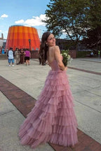 A Line Sweetheart Layered Tulle Rose Pink Long Prom Dress PSK600 by pgmdress