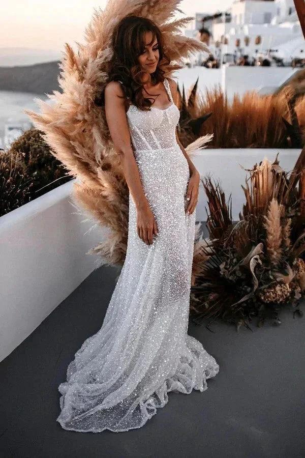 A Line Sweetheart Sparkly Sequins Beach Wedding Dress WD739 by pgmdress