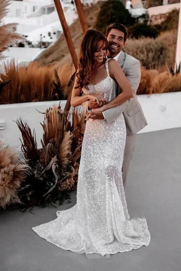 A Line Sweetheart Sparkly Sequins Beach Wedding Dress WD739 by pgmdress