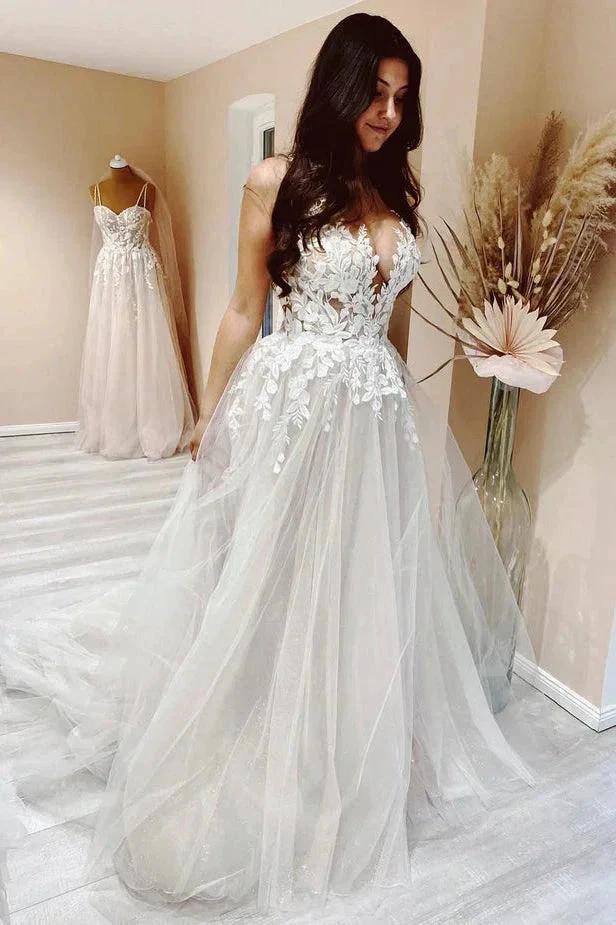 A Line V-neck Tulle Lace Appliques Beach Wedding Dresses Bridal Gown WD669 by pgmdress