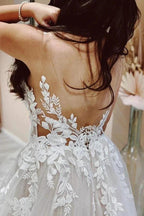 A Line V-neck Tulle Lace Appliques Beach Wedding Dresses Bridal Gown WD669 by pgmdress