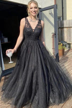 A Line V Neck Black Tulle Prom Dress Black Formal Dress PSK370 by pgmdress