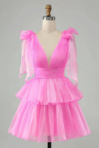 V Neck Pleated Tiered Short Homecoming Dress SYH109 by vivymakudress