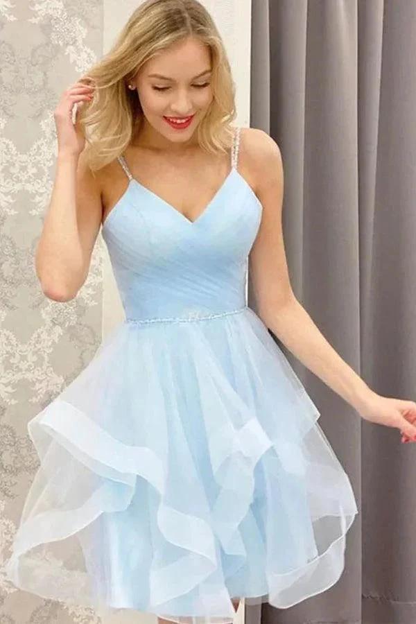 A Line V Neck Short Blue Prom Dresses Tulle Homecoming Dresses PD457 by pgmdress