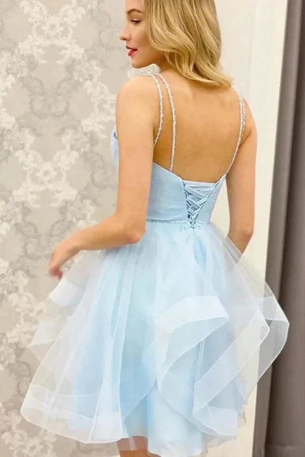 A Line V Neck Short Blue Prom Dresses Tulle Homecoming Dresses PD457 by pgmdress