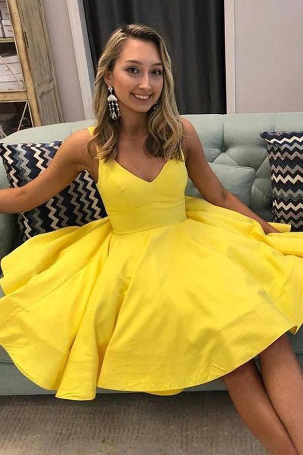 A Line V Neck Short Yellow Prom Dresses Satin Homecoming Dresses PD467 by pgmdress