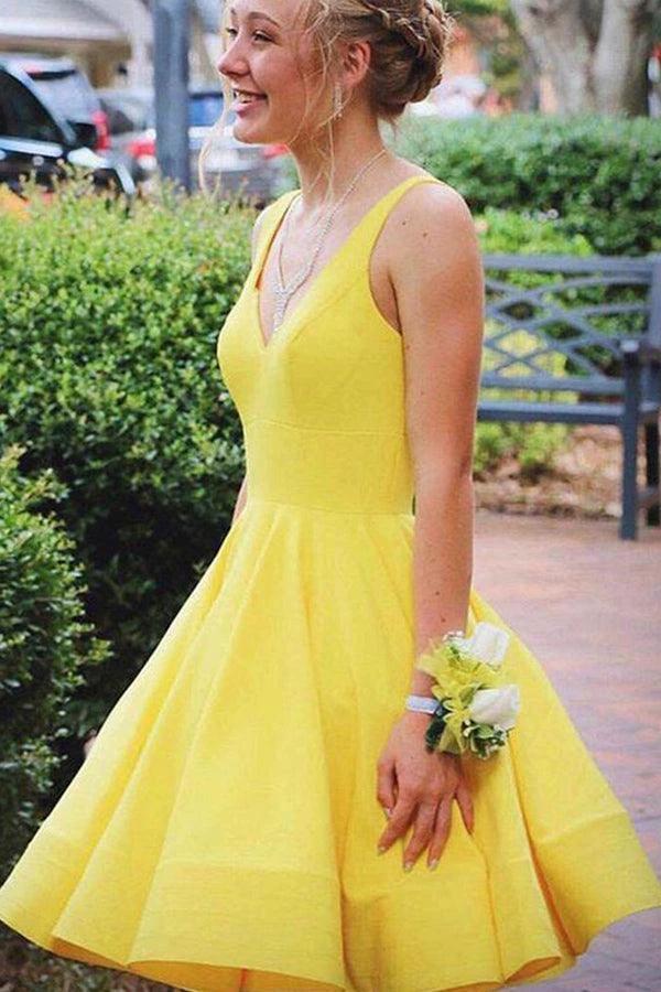 A Line V Neck Short Yellow Prom Dresses Satin Homecoming Dresses PD467 by pgmdress
