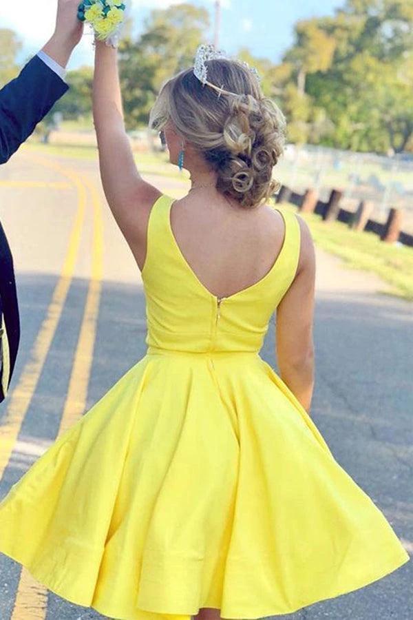 A Line V Neck Short Yellow Prom Dresses Satin Homecoming Dresses PD467 by pgmdress