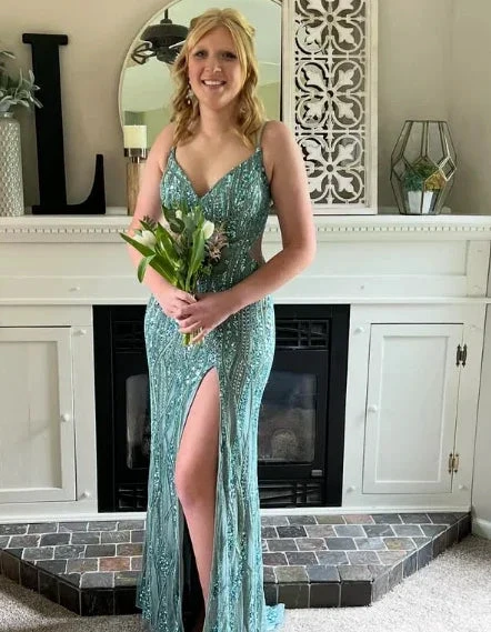 Gorgeous Green Spaghetti Straps Tulle Sequins Evening Gown Slit Prom Dress Y7919 by simplepromdress