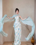Pretty Satin Print Floral Prom Dress Blue Mermaid Evening Dress Y8543 by simplepromdress