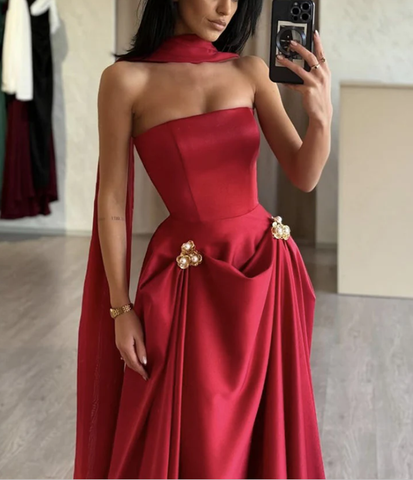 Charming A-Line Satin Burgundy Long Prom Dress Strapless Evening Dress Y8046