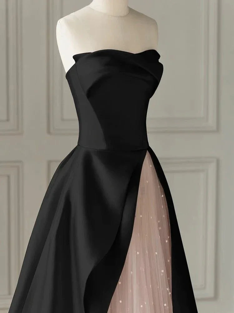 Robe de soirée noire sans bretelles à fente haute avec gaze - Robe de mariage gothique Y2386