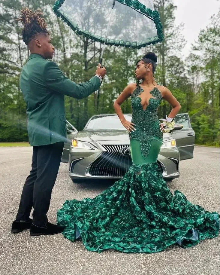 Luxurious Green Mermaid Evening Dress 3D Flowers Pageant Dress Y6356 by simplepromdress