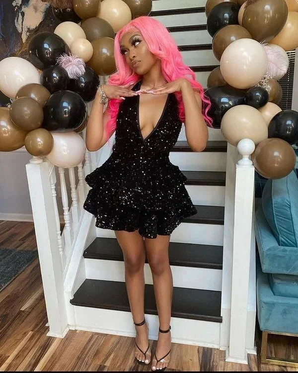 Sexy Black Sparkling Short Homecoming Dresses Back Open Tiered Sequin Graduation Gown Parties Night Y4111 by simplepromdress