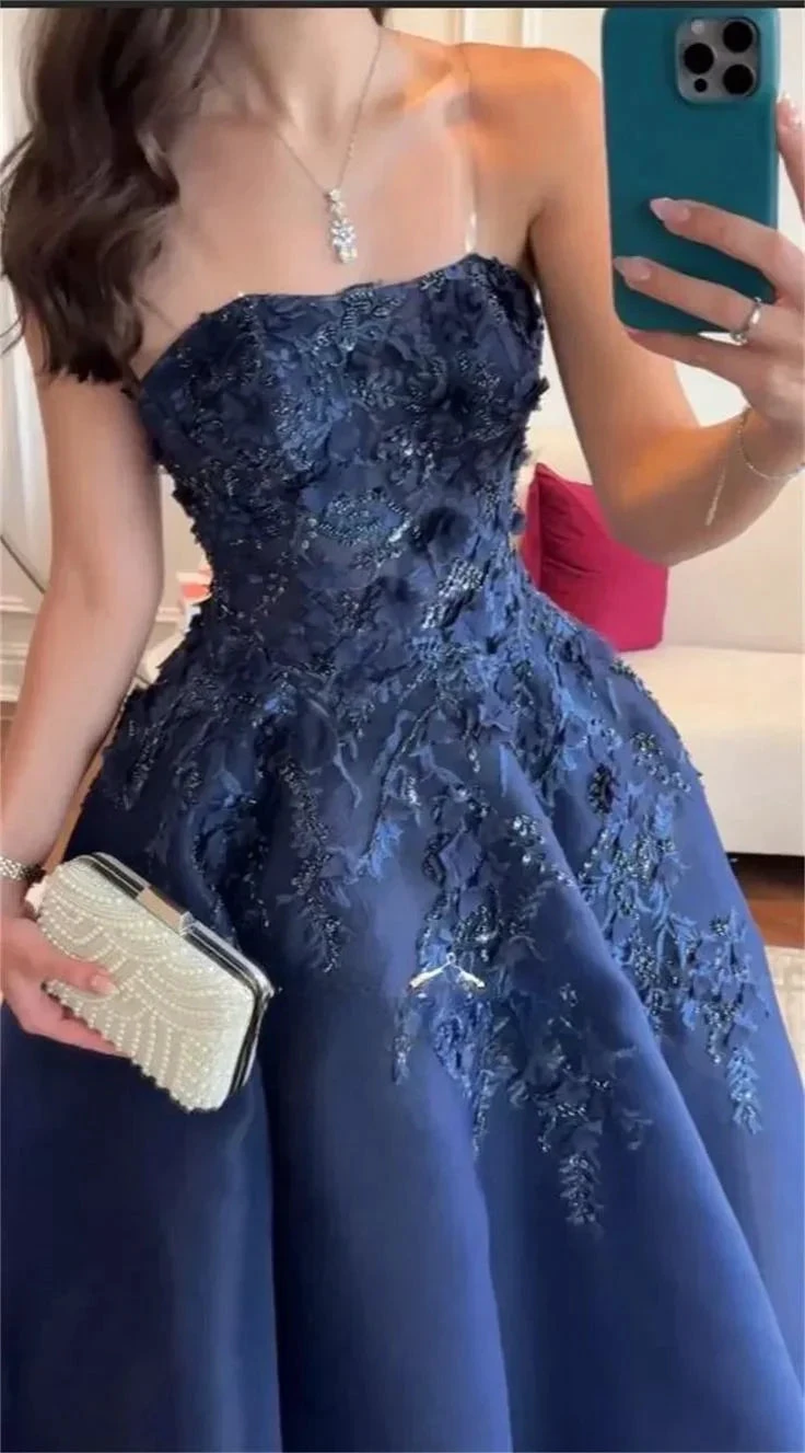 Gorgeous Navy Blue Strapless Appliques A Line Prom Dress Evening Dress Y8274 by simplepromdress