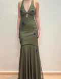 Vintage Halter Satin Beaded Mermaid Evening Dress Sexy Backless Green Prom Dress Y8228 by simplepromdress