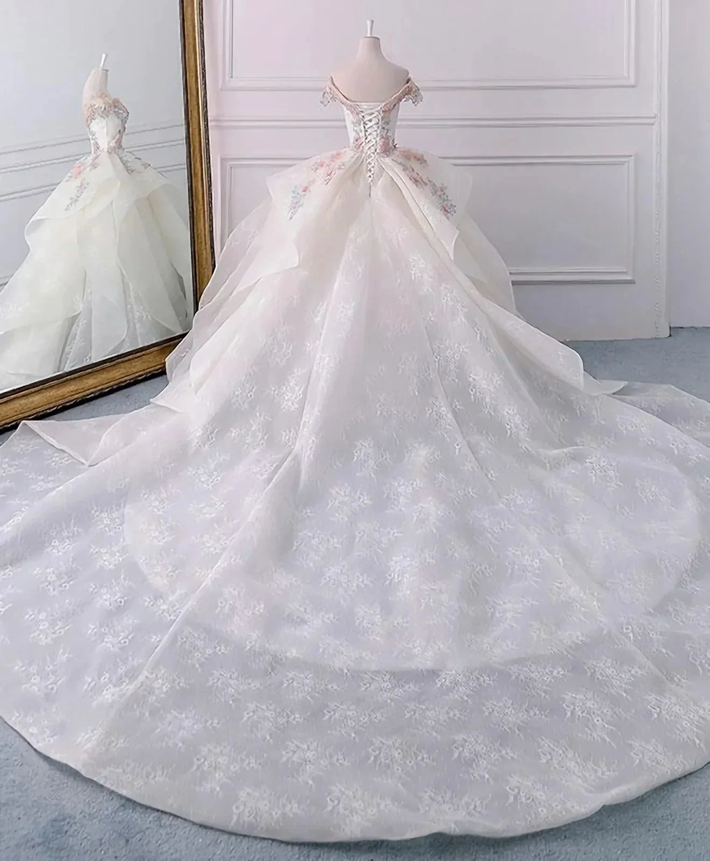 Stunning Off The Shoulder Flower Ball Gown Lace Wedding Dress Y1145 by simplepromdress