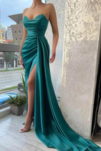 Elegant teal satin evening gown with high slit, strapless, floor-length from ZAPDRESS