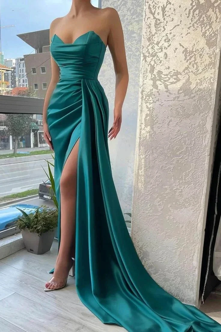 Elegant teal satin evening gown with high slit, strapless, floor-length from ZAPDRESS